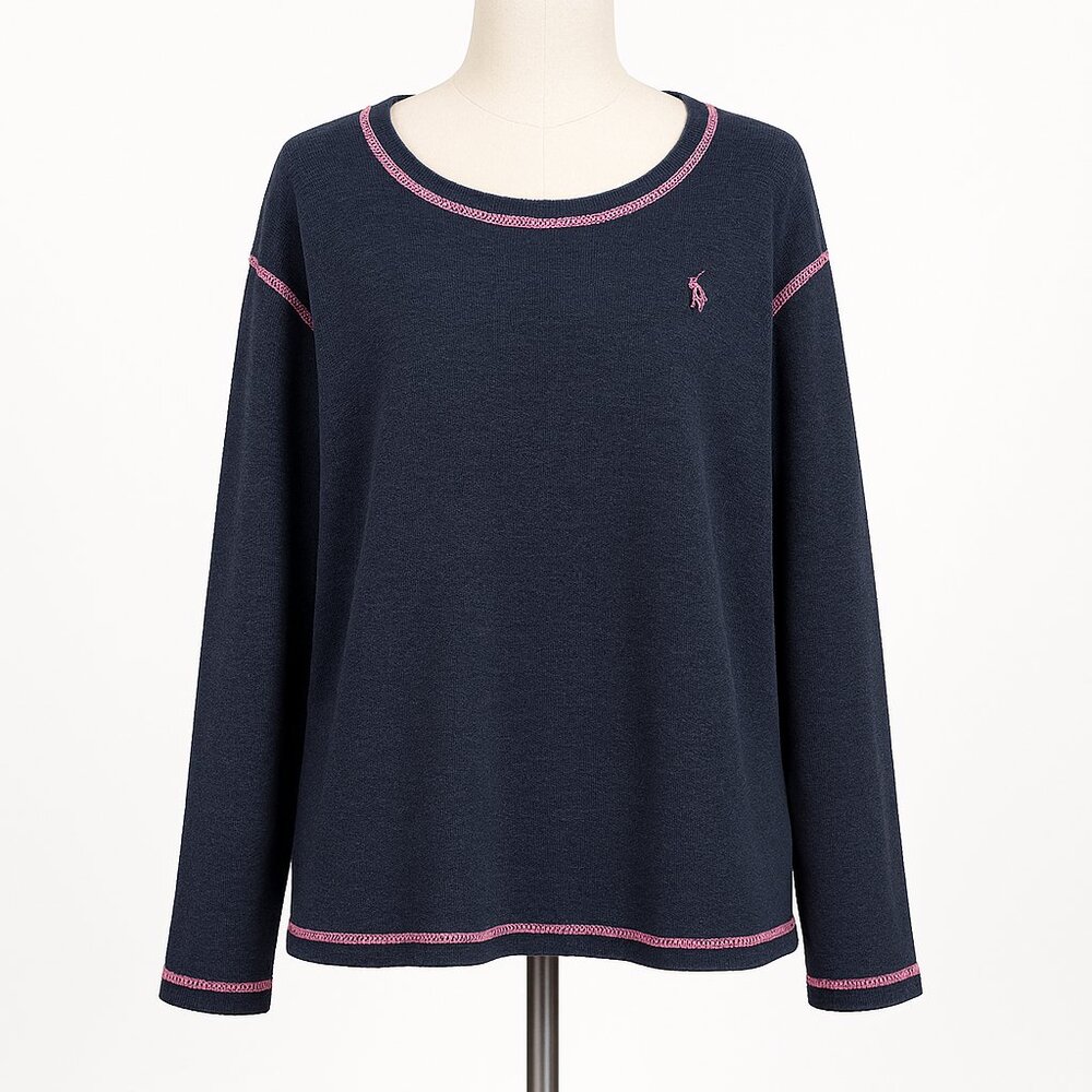 TOMMY BAHAMA WOMEN'S Navy Long Sleeve Knit Top with Pink Stitching Size Large